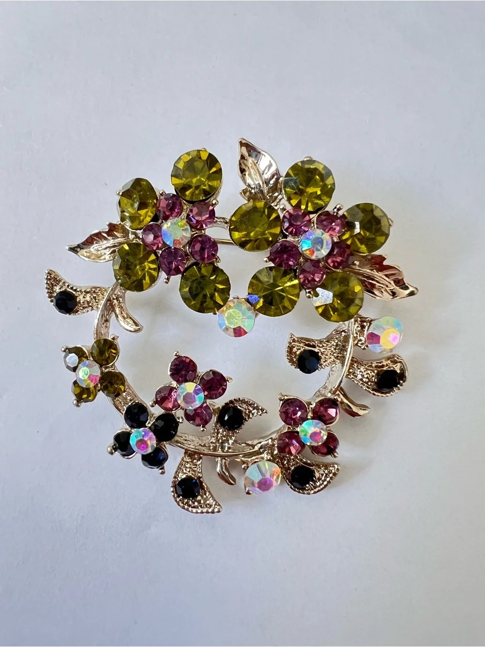 Lot of 3 - Gold-Tone Multi-Color Crystal Wreath Brooches - Women Jewelry